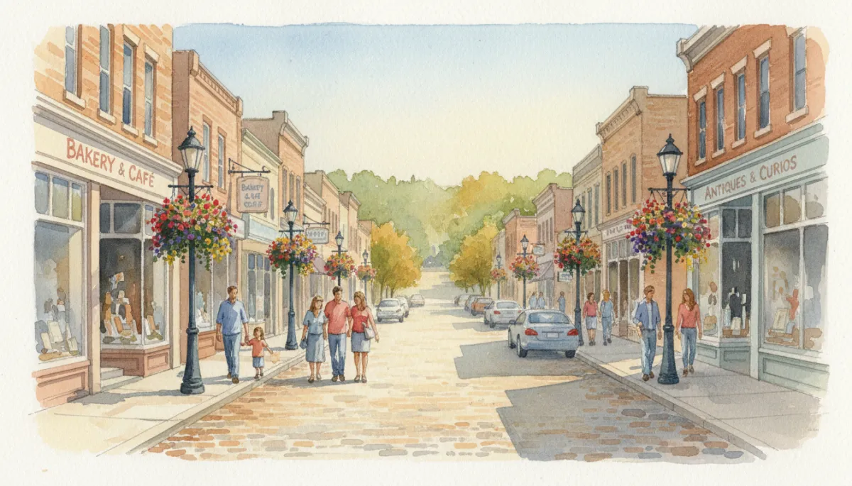 People walking and shopping along a small-town main street near Warrenton