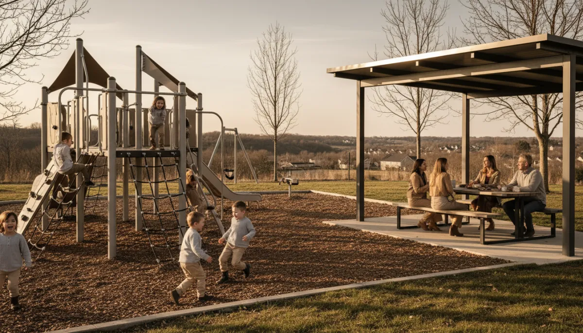 Children playing on a playground while parents relax at a nearby pavilion Children playing on a playground while parents relax at a nearby pavilion