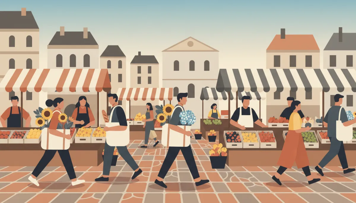 People shopping at a local farmers market near small-town shops