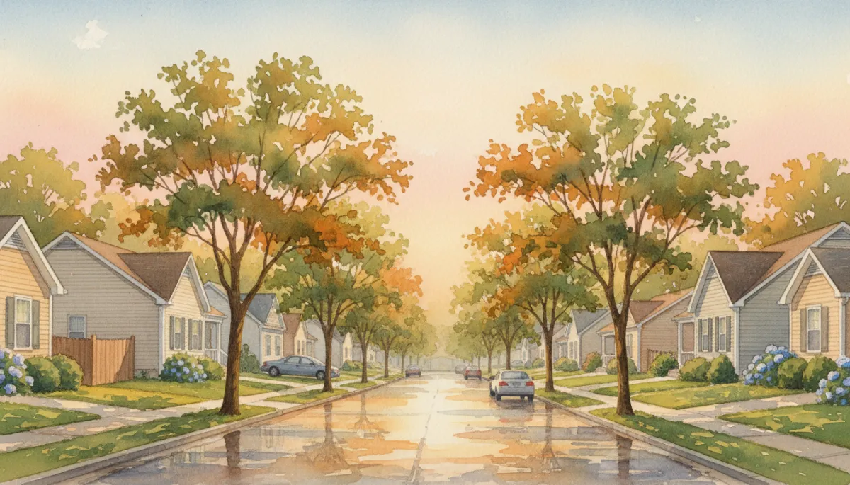 Quiet residential street in Warrenton Missouri with well-kept homes and mature trees