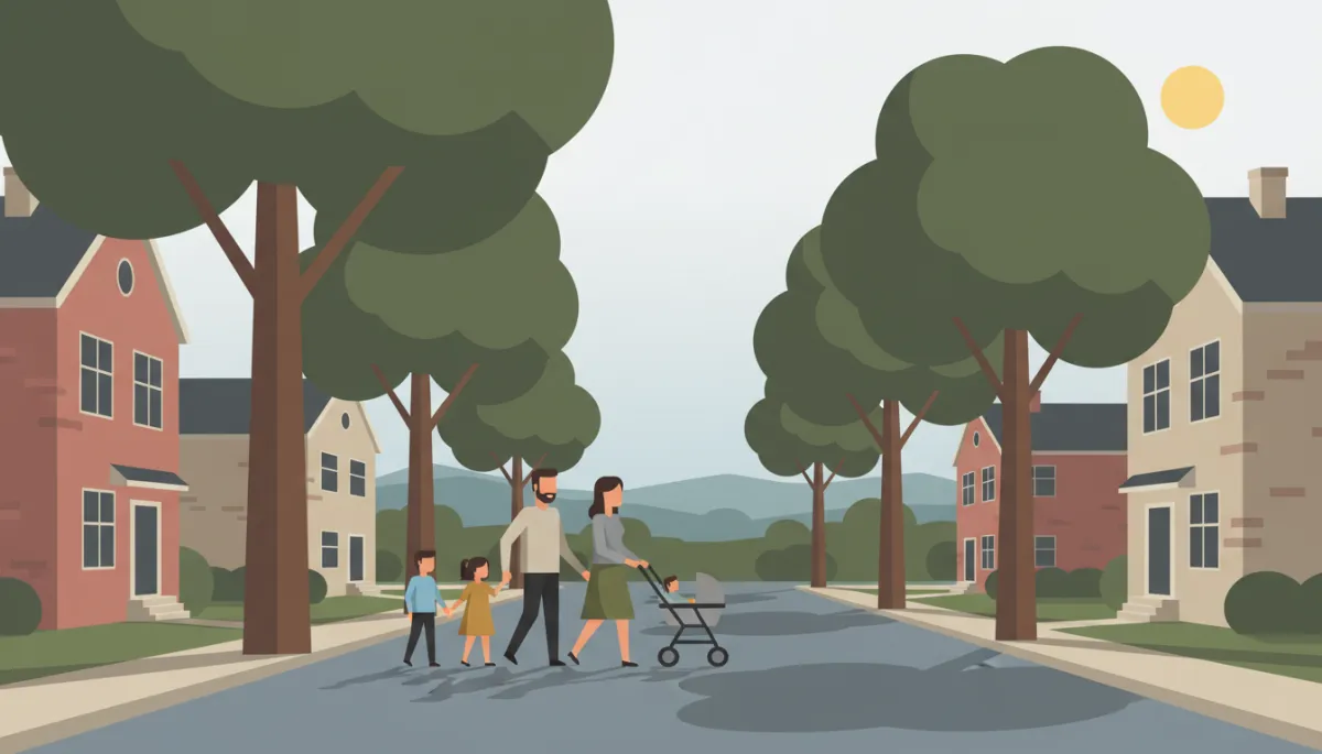 Family walking through a quiet neighborhood street in Warren County