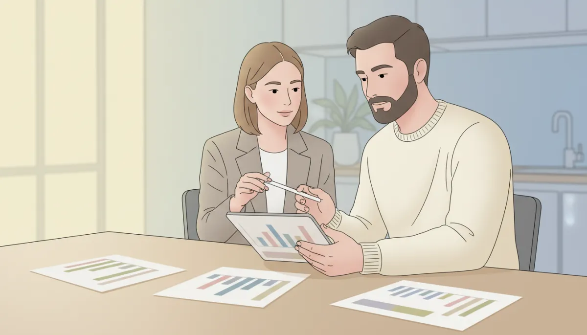 A professional real estate agent and homeowner reviewing local housing market charts together