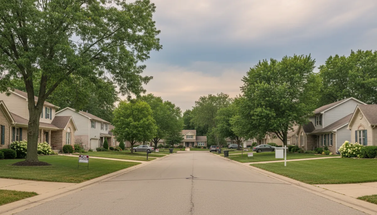A professional neighborhood view with several well-maintained homes and for-sale signs