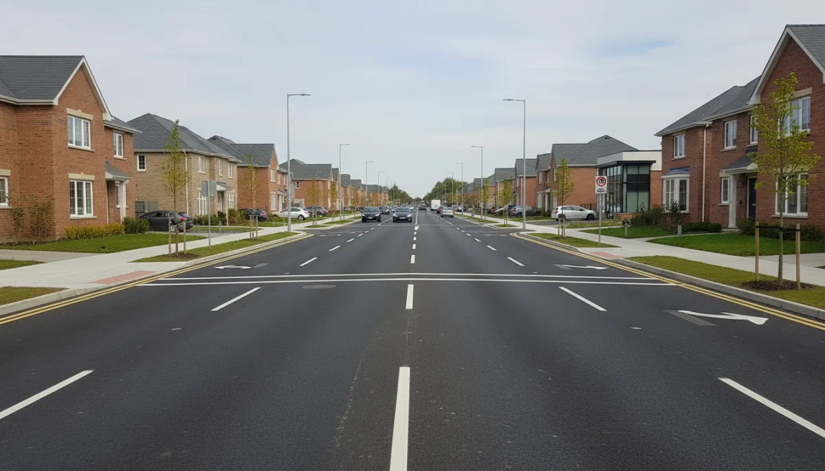 Newly improved county roadway with nearby homes and small businesses
