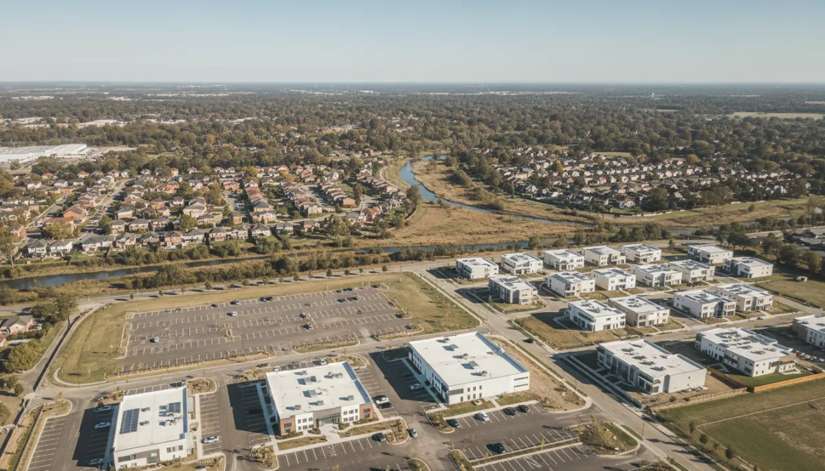 Aerial view of homes near a new commercial business district