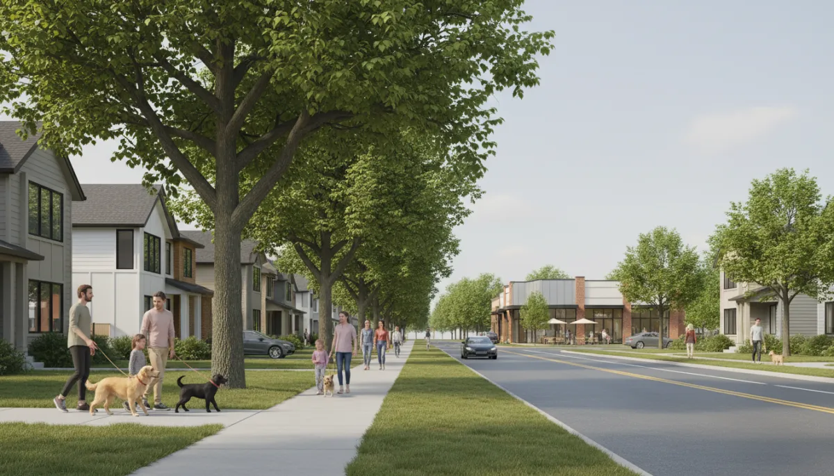 Well‑kept suburban neighborhood with sidewalks and nearby shops