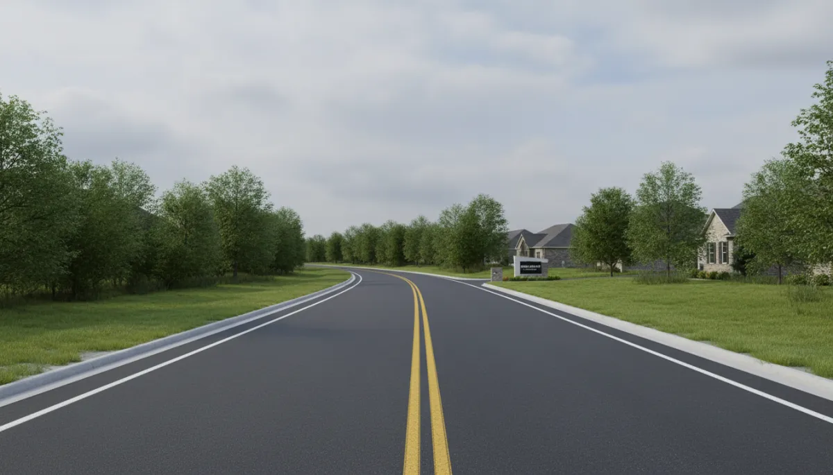 Newly paved county road leading to a residential neighborhood in Warren County Missouri