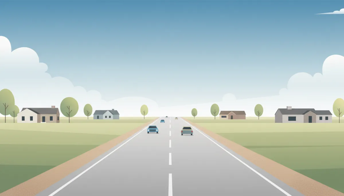 Quiet two-lane county road with homes set back from the street in Warren County