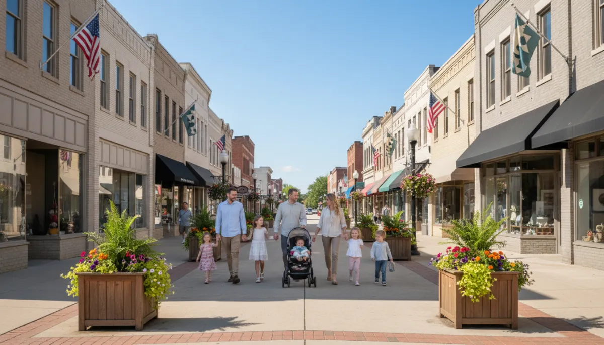 Downtown Warrenton Missouri with local shops and families walking