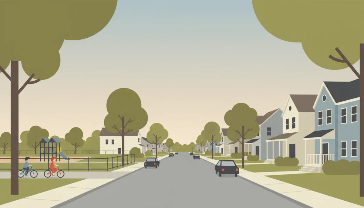 Family-friendly neighborhood street with homes and nearby park Family-friendly neighborhood street with homes and nearby park