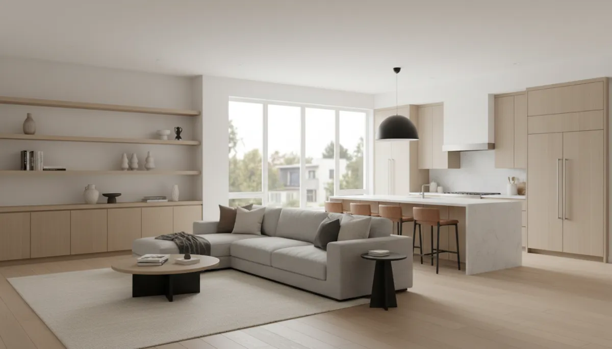 A professional neutral-toned spacious living room and open kitchen with natural light A professional neutral-toned spacious living room and open kitchen with natural light