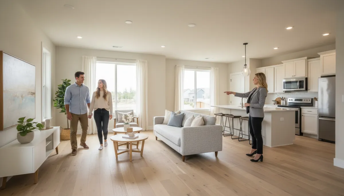 First-time buyers touring an open-concept starter home First-time buyers touring an open-concept starter home