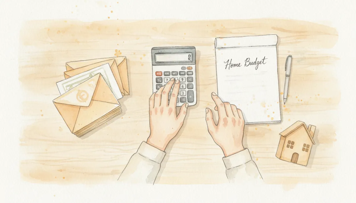 Homebuyer calculating a realistic home budget with notes and savings