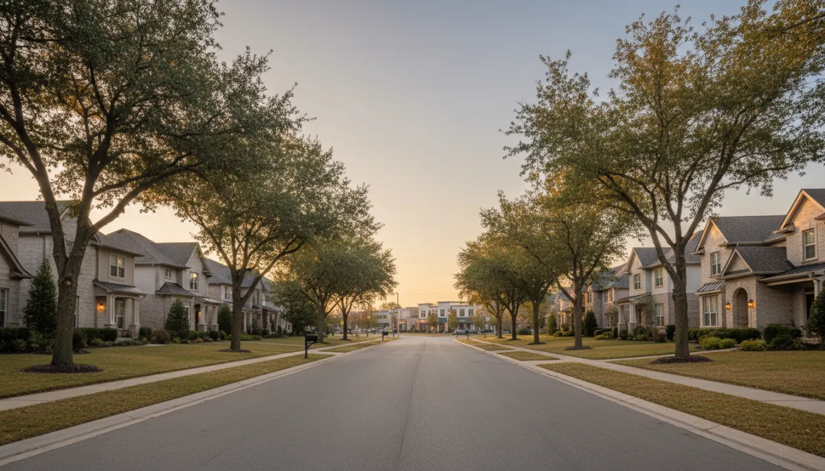 Modern suburban neighborhood with homes and nearby shops in the distance