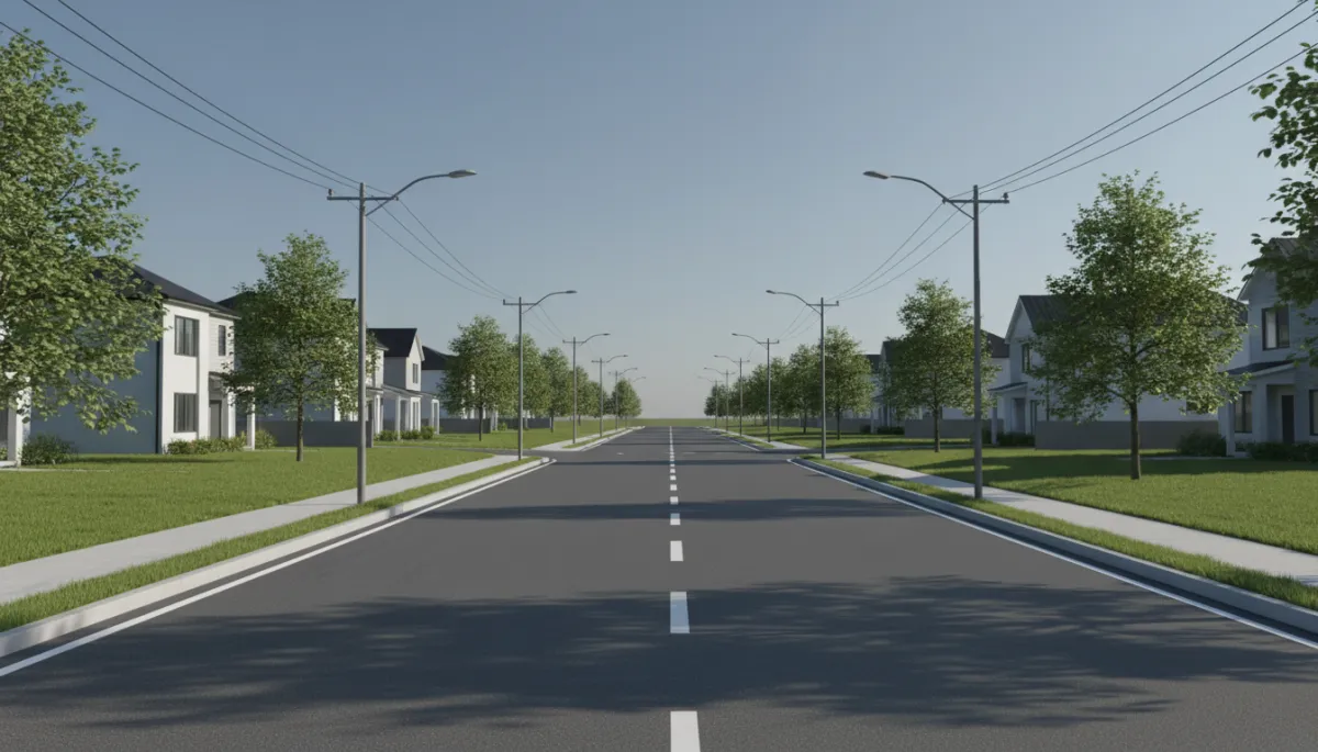Freshly improved neighborhood street with new pavement and markings
