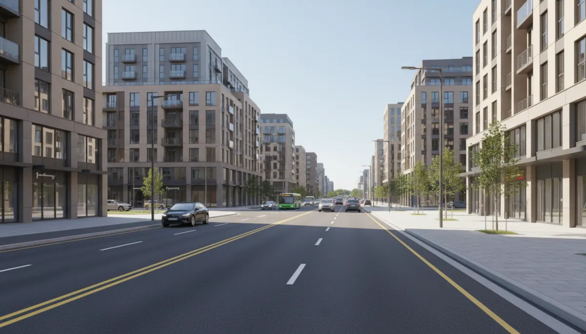 New urban road lined with mixed-use real estate developments