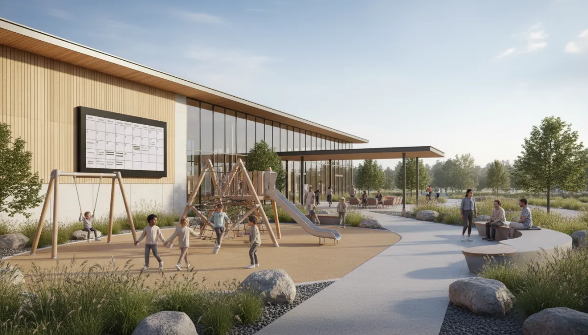 Modern community center and playground in an active neighborhood
