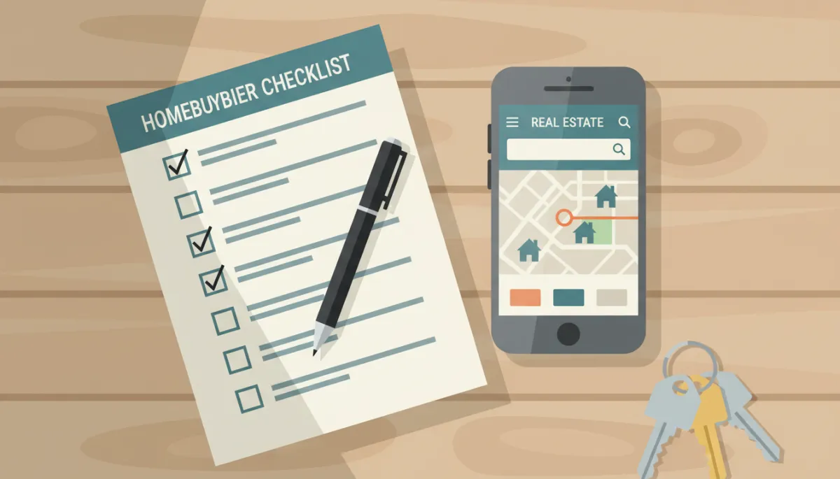 Organized checklist and tools first-time buyers use before home tours