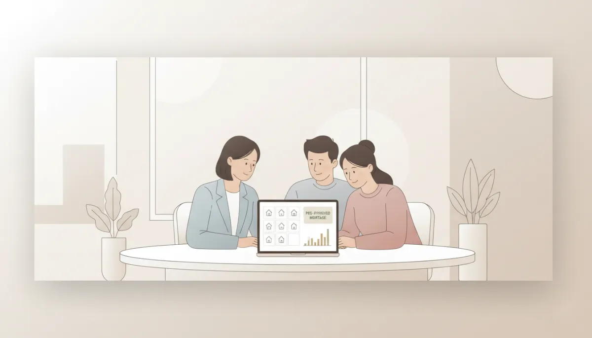 Buyers reviewing listings and mortgage details with a real estate agent in a neutral office