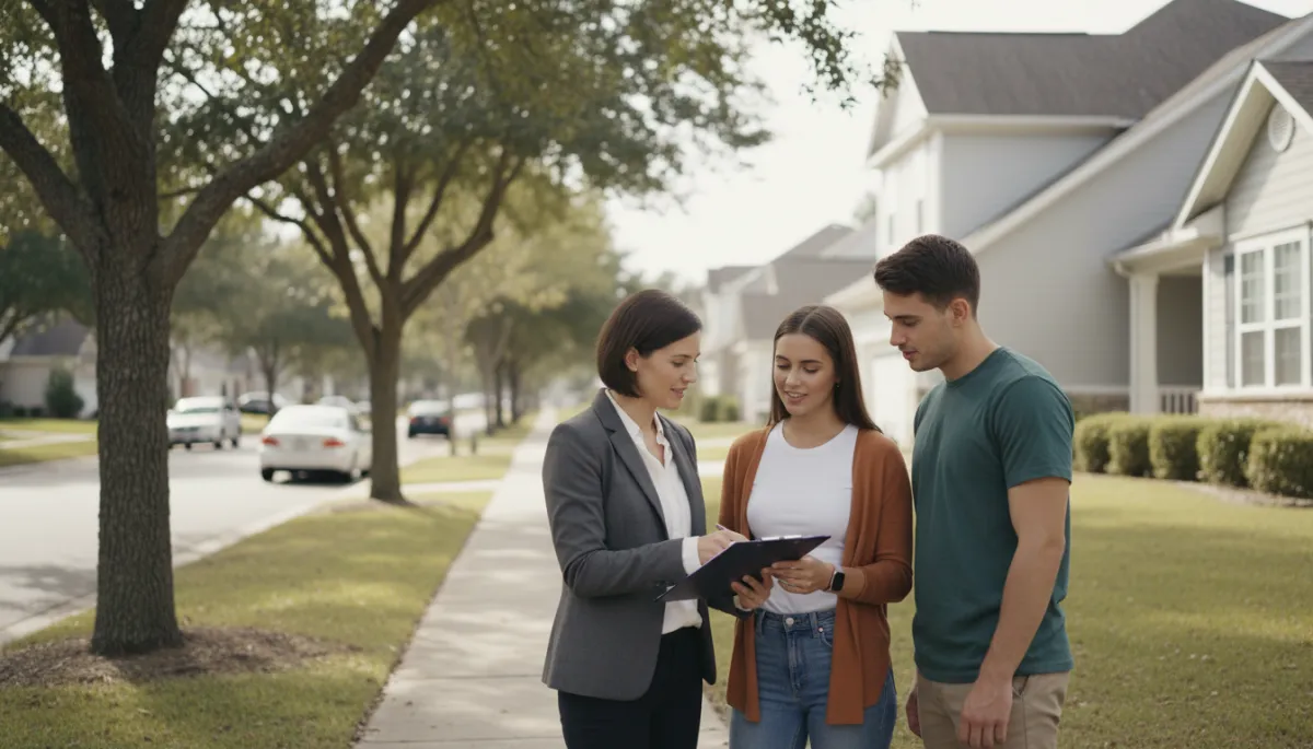 Real estate agent discussing neighborhood details with first-time buyers outside a home