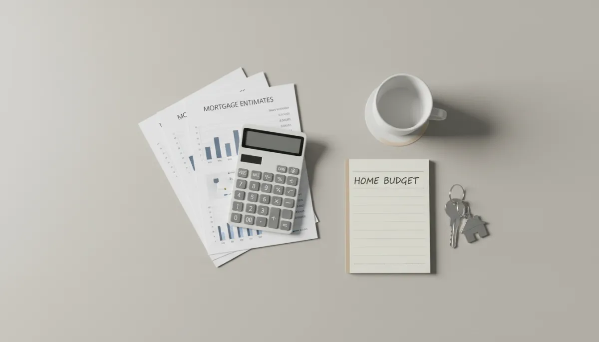 Organized home-buying budget with mortgage estimates and house keys on a desk
