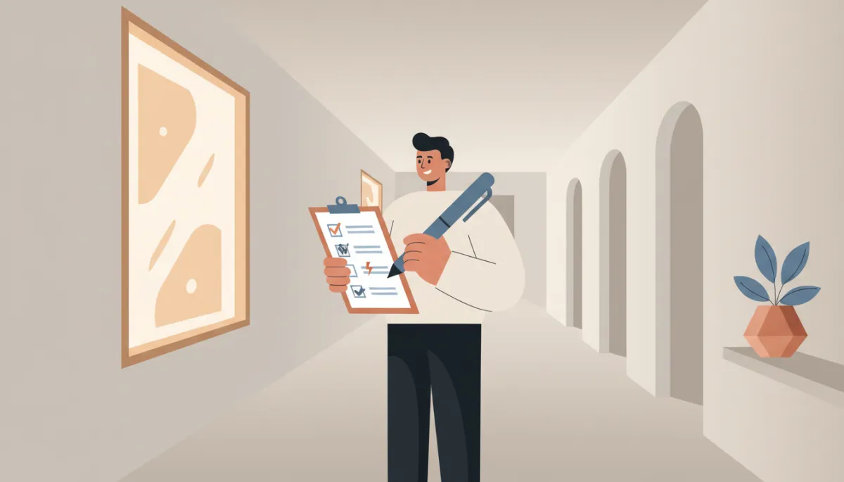 Homeowner reviewing a home maintenance checklist in a hallway