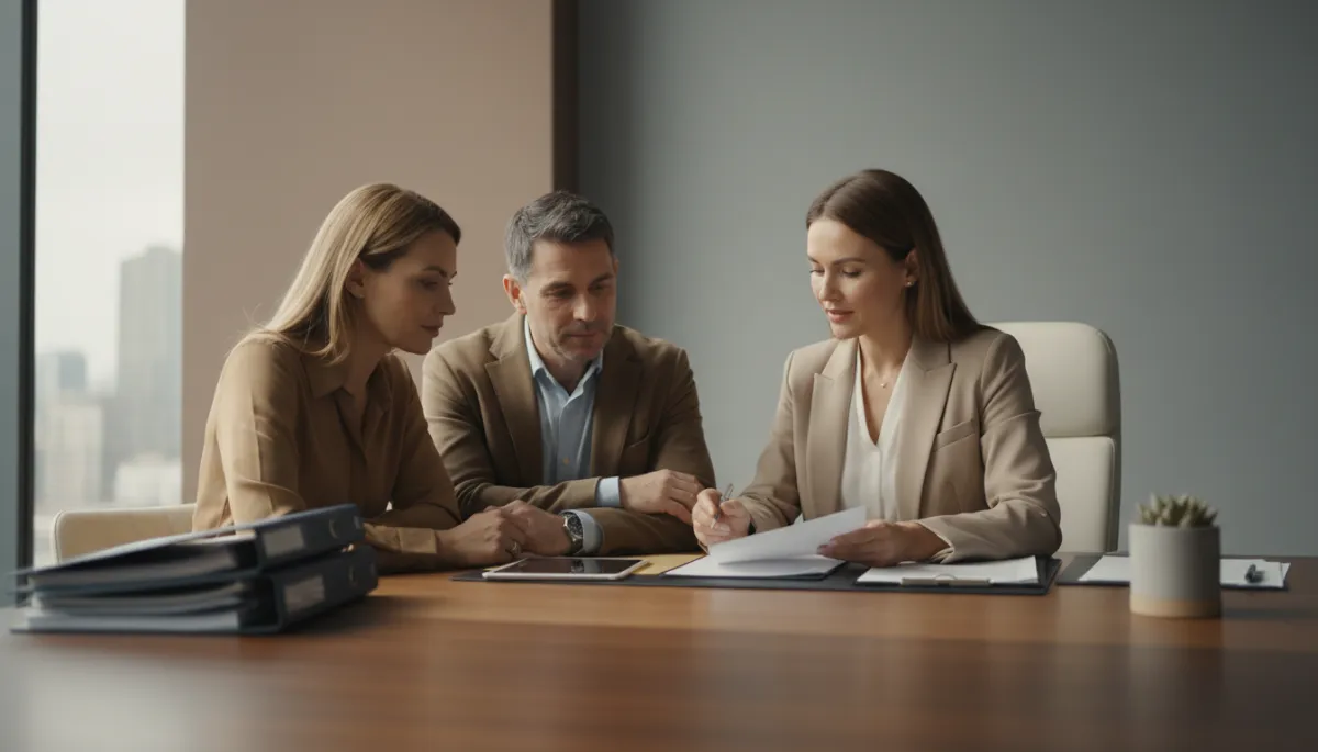 Real estate agent calmly reviewing home sale options with clients during a transition Real estate agent calmly reviewing home sale options with clients during a transition