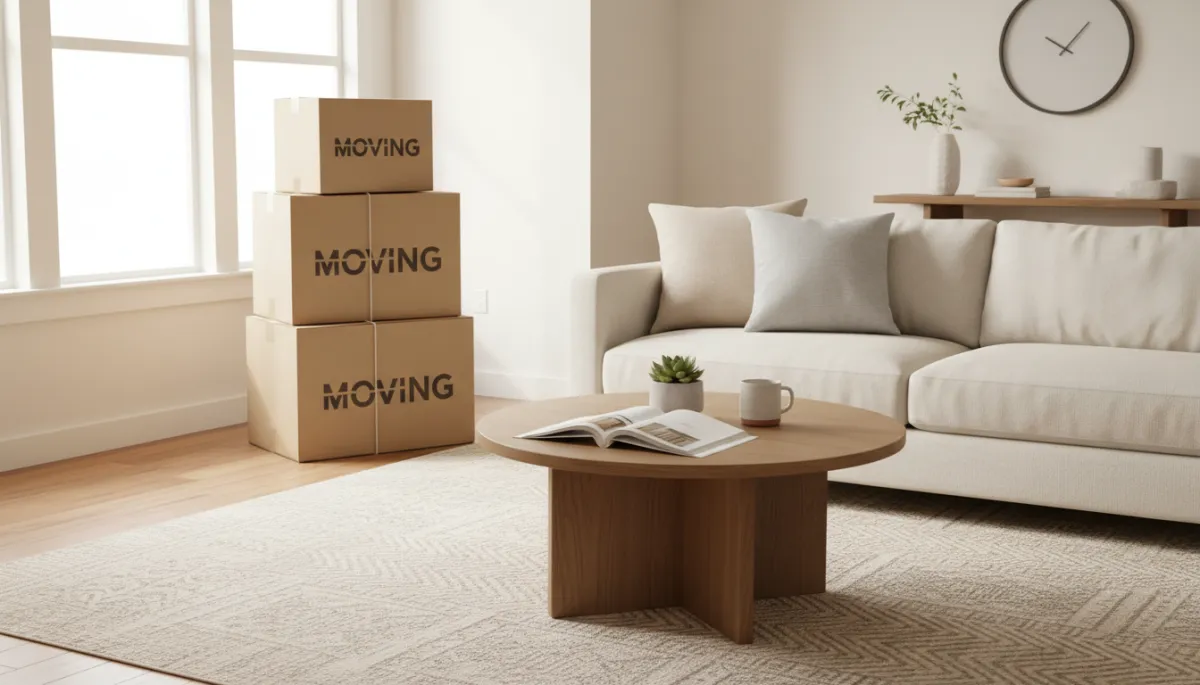 Staged living room prepared for showings while boxes are packed for a quick move
