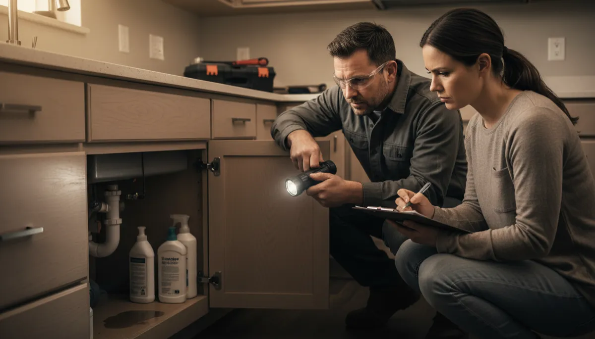 Contractor and homeowner reviewing repair needs in a kitchen