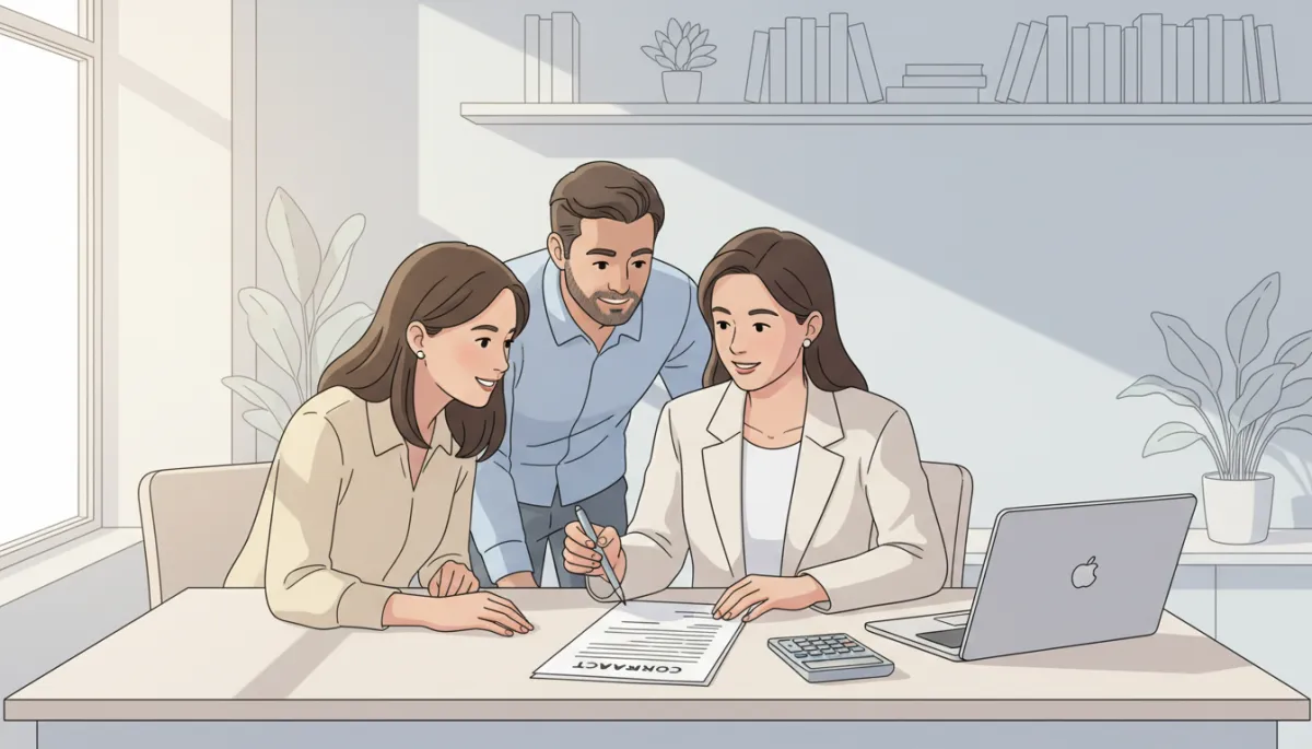Real estate agent reviewing options with homeowners at a desk