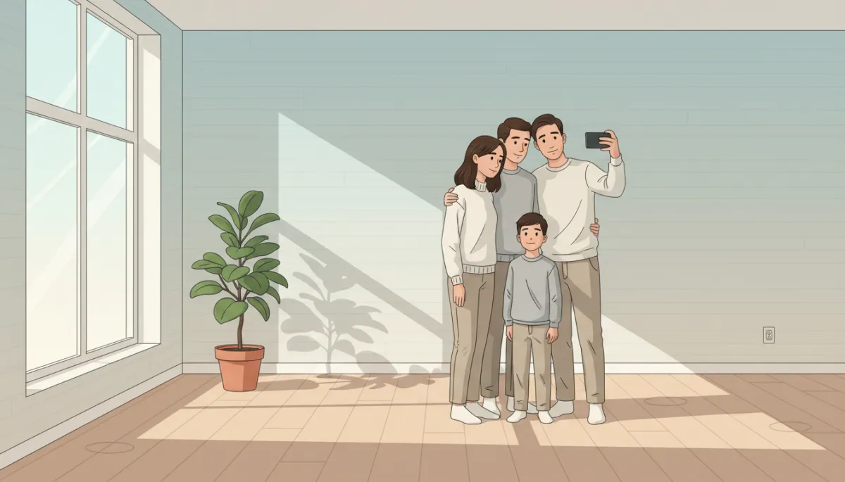 Family sharing a final quiet moment in their empty living room