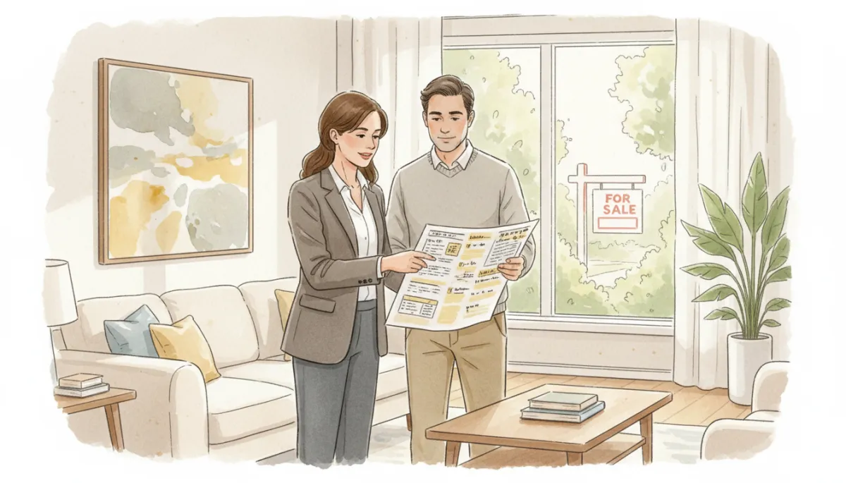 Real estate agent and homeowner reviewing a home-selling strategy in the living room