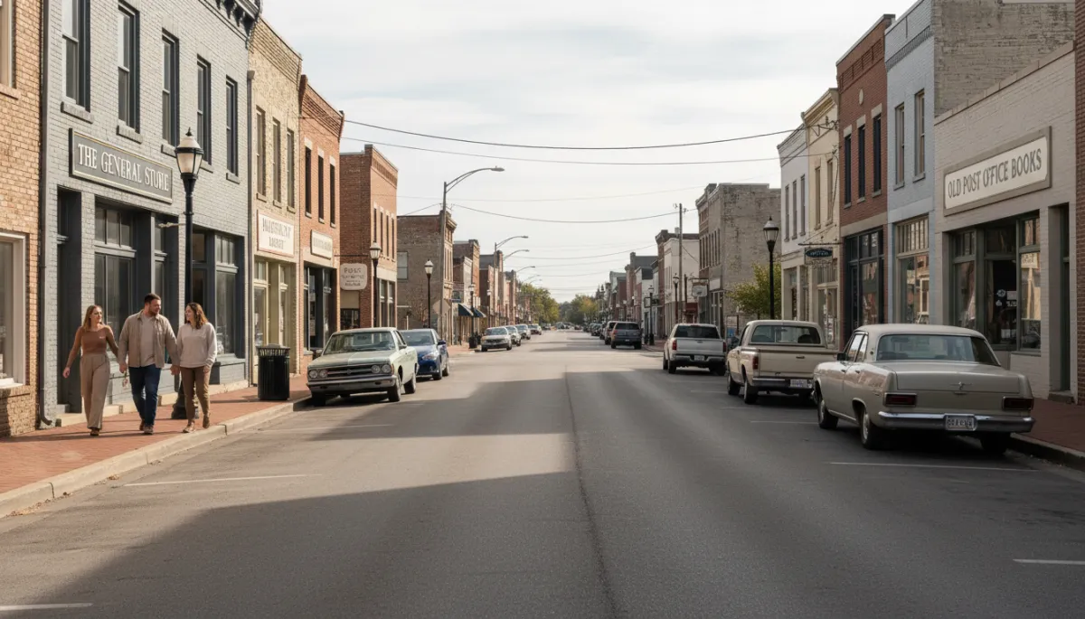Small-town main street in Warren County Missouri with local shops and pedestrians