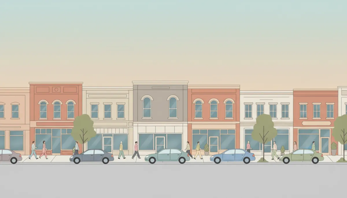 Downtown street with local shops and pedestrians in Warren County