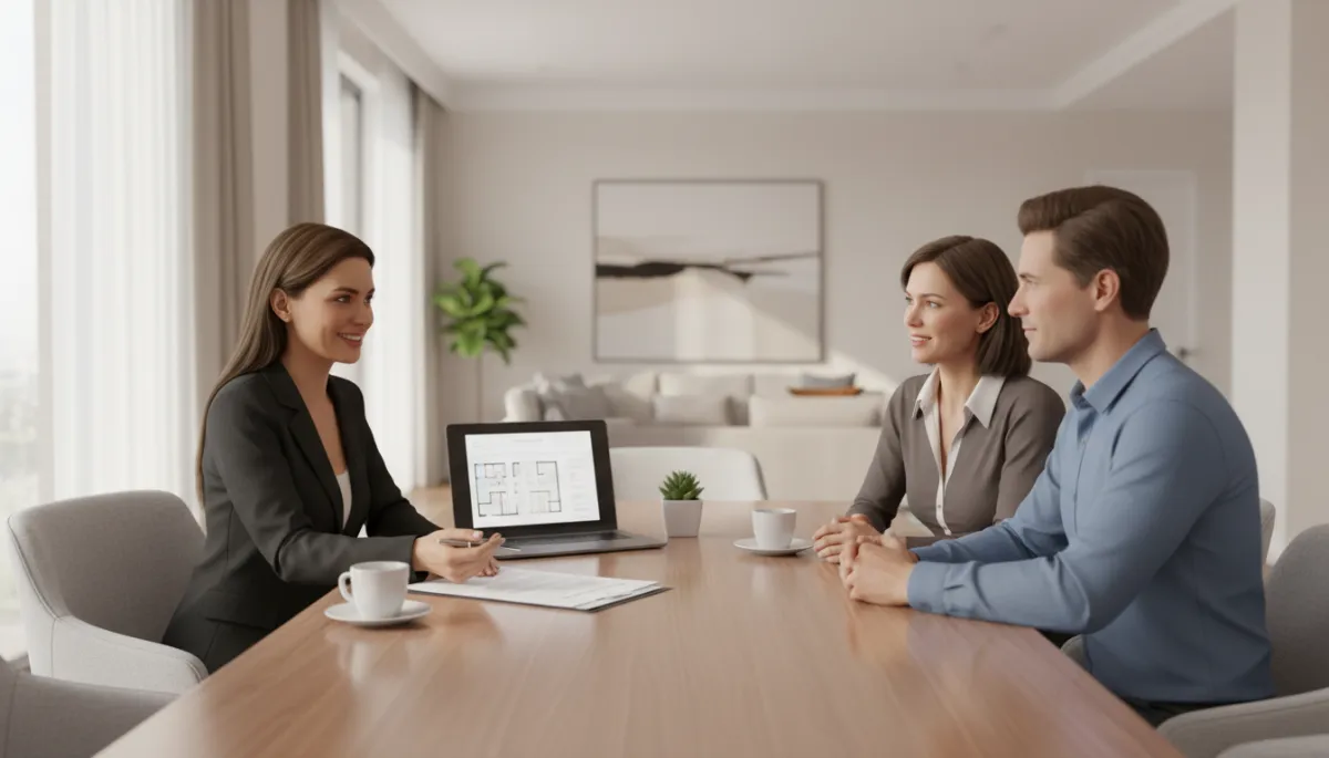Real estate agent discussing home sale details with clients at a table