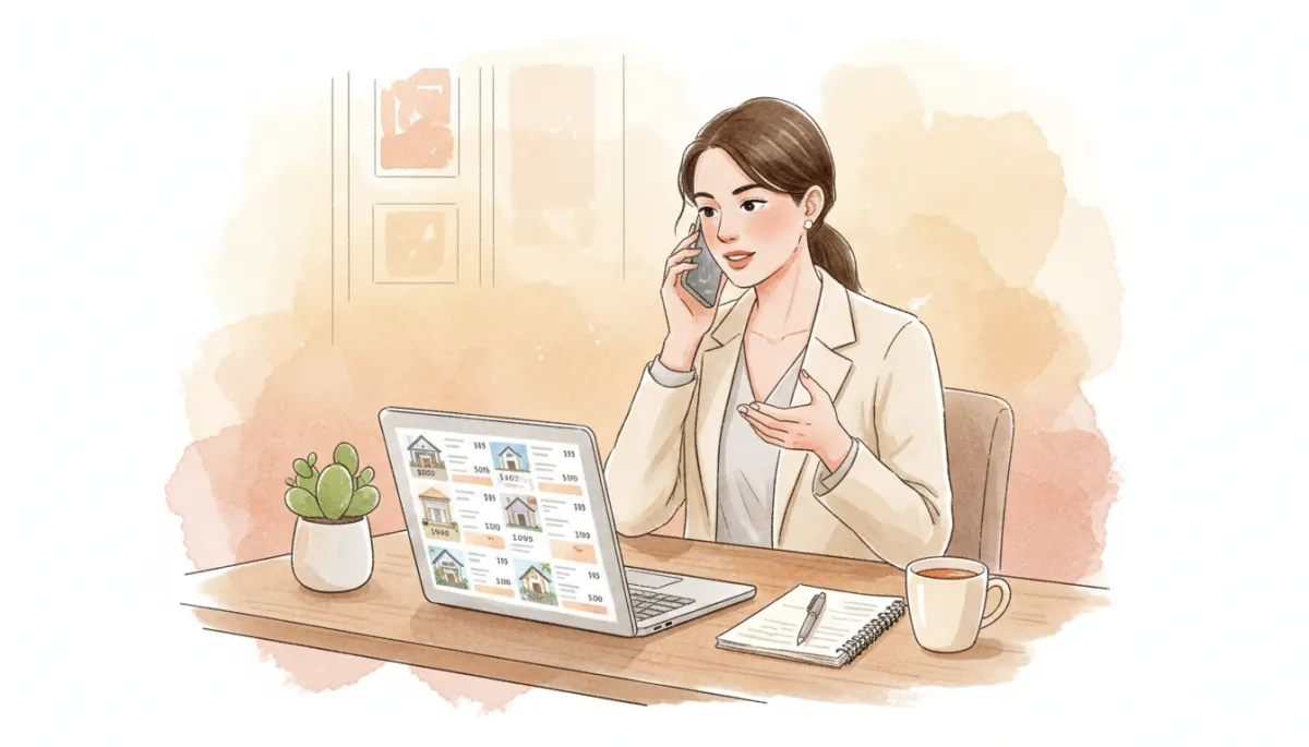 Real estate agent speaking with a client on the phone while reviewing listings