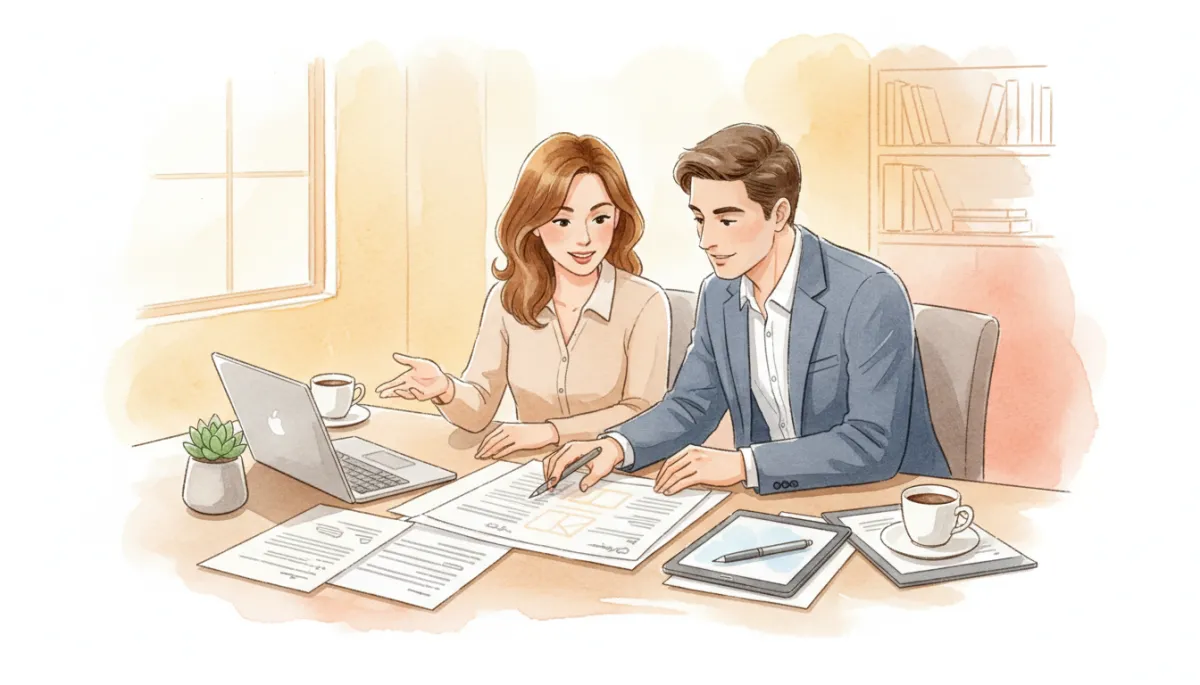 Real estate agent and clients reviewing a moving and home buying plan Real estate agent and clients reviewing a moving and home buying plan