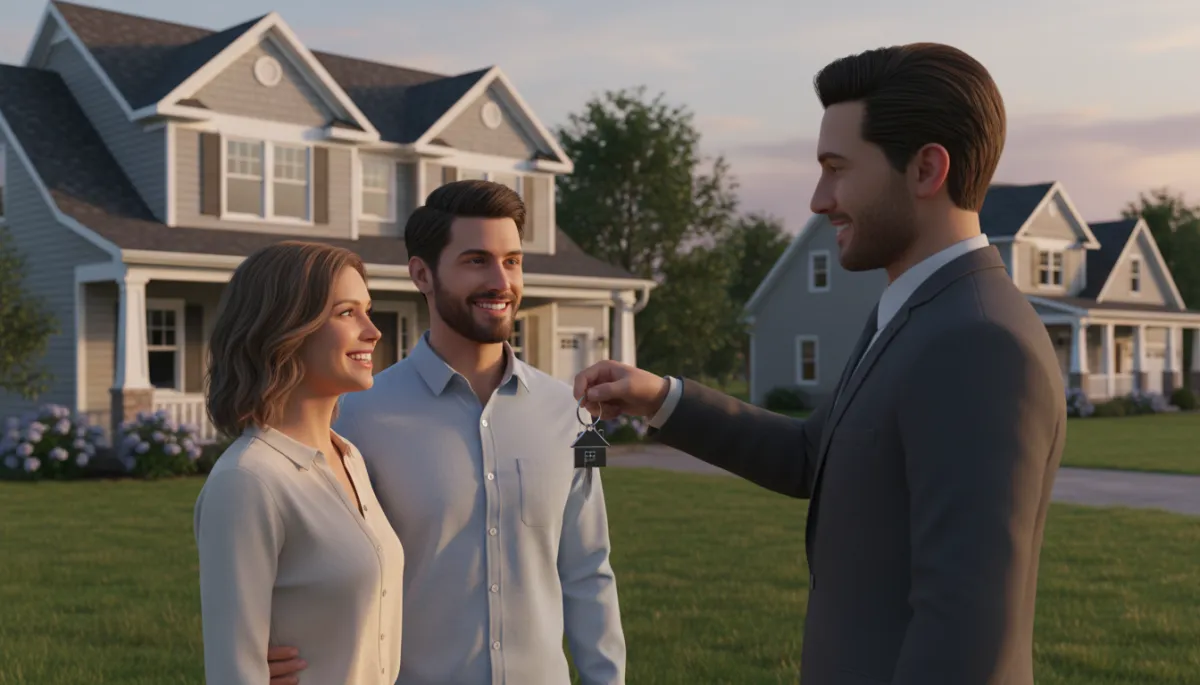 Clients receiving new house keys from their real estate agent Clients receiving new house keys from their real estate agent