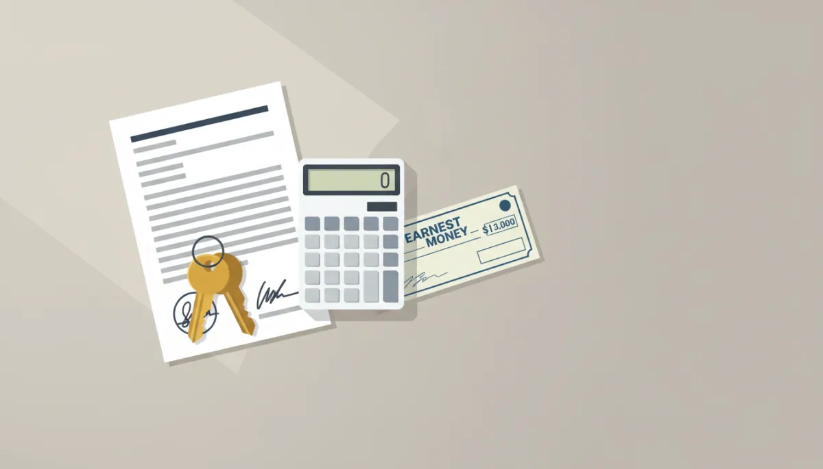 Signed home purchase agreement and earnest money check on an office table Signed home purchase agreement and earnest money check on an office table