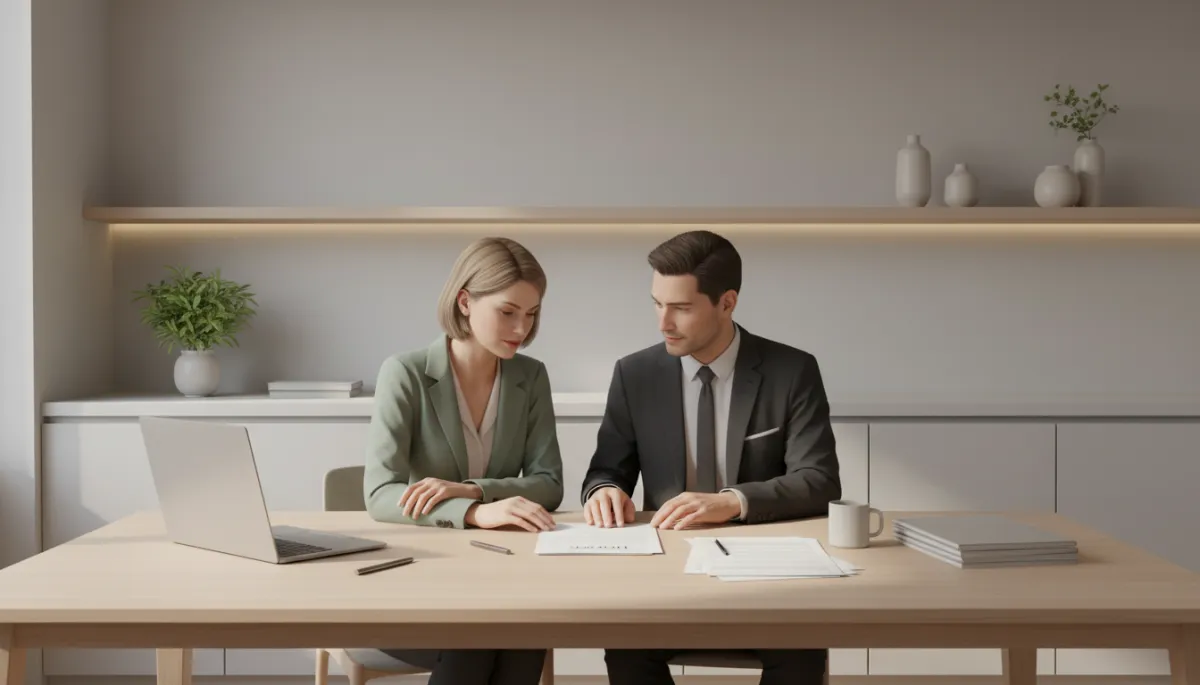 Homebuyers reviewing their offer strategy with a real estate agent in a neutral kitchen setting