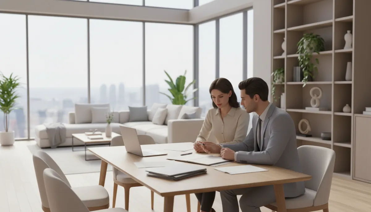 Real estate agent reviewing contract details with home sellers at their table Real estate agent reviewing contract details with home sellers at their table