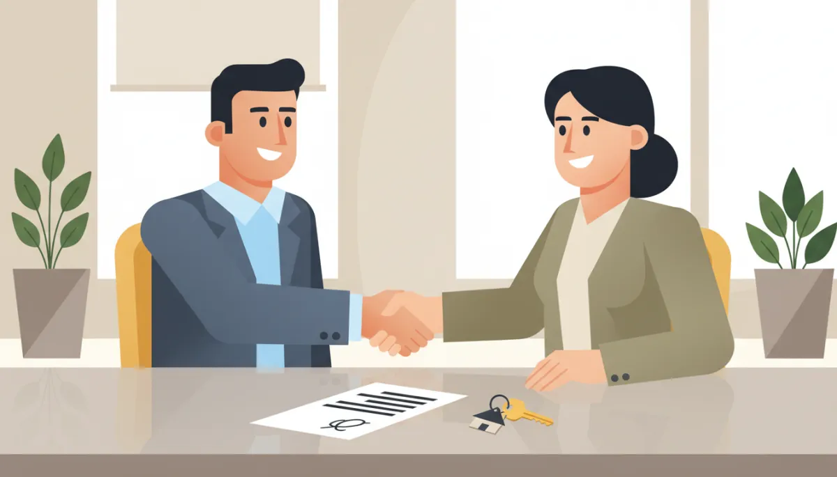 Real estate agent and homebuyer confirming an accepted offer with contract and keys on the table