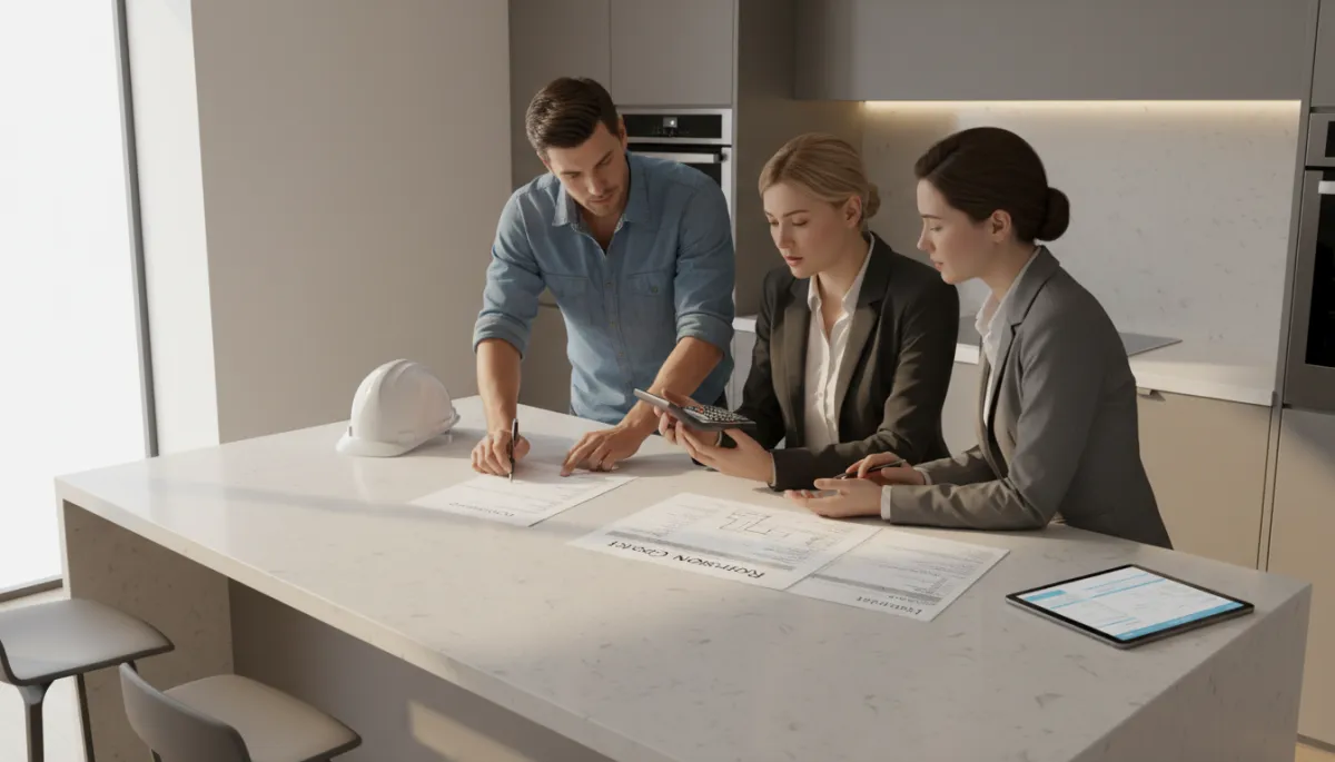 Contractor and real estate agent discussing repair estimates with a home seller