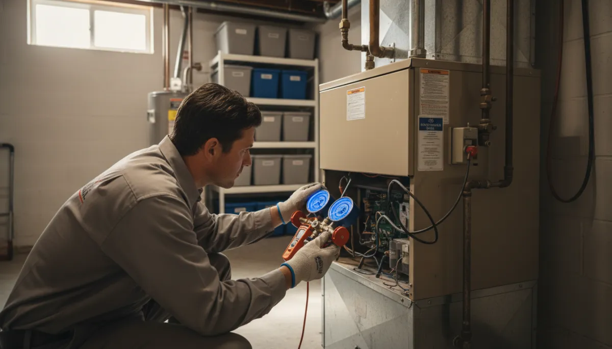 HVAC technician inspecting an older furnace in a home basement