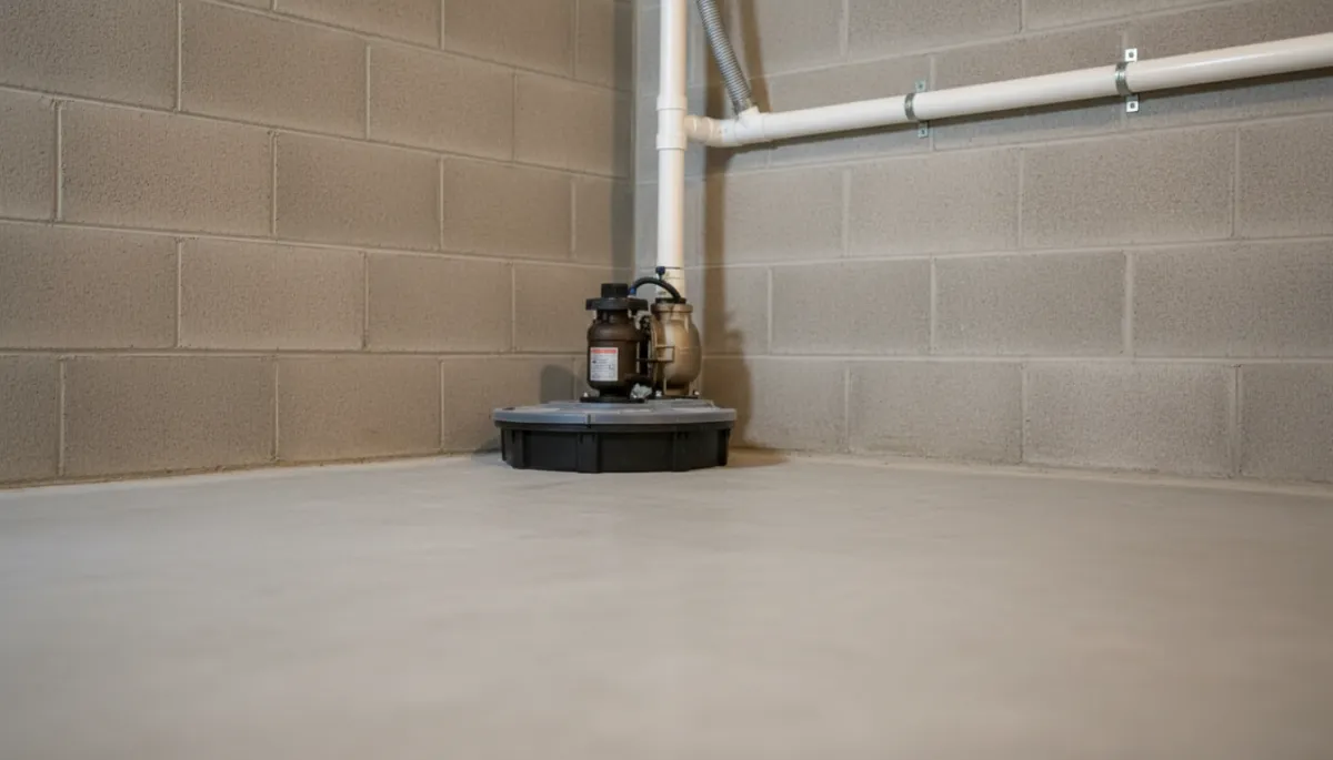 Basement sump pump installed in a clean concrete corner Basement sump pump installed in a clean concrete corner