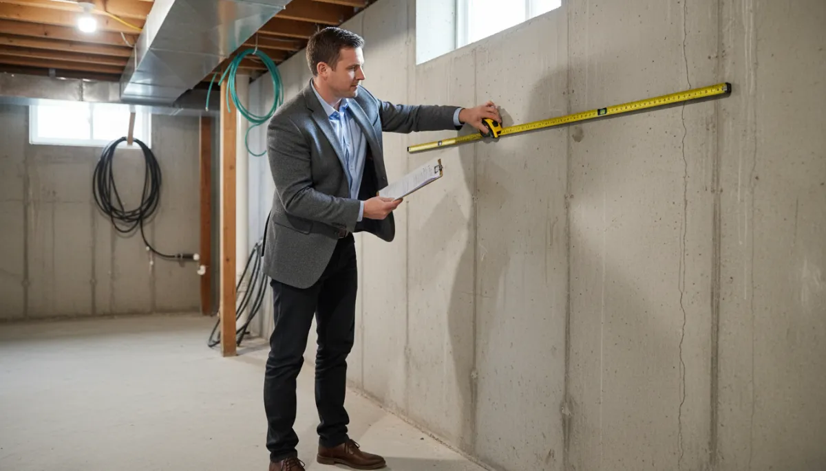 Structural engineer measuring a crack and checking a basement foundation wall in a neutral professional setting
