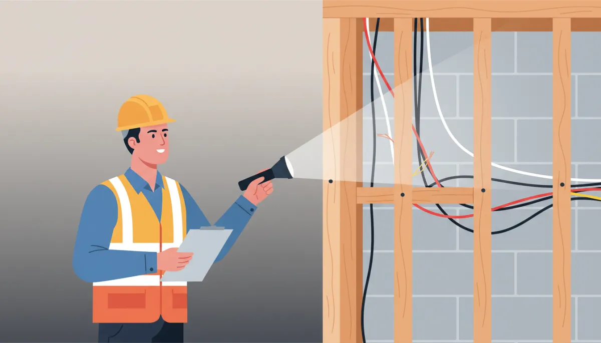 Home inspector reviewing basement renovations for potential unpermitted work Home inspector reviewing basement renovations for potential unpermitted work