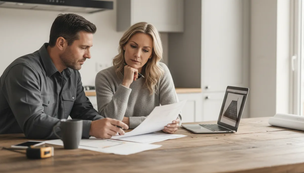 Roofing contractor and homeowner reviewing a roof replacement estimate