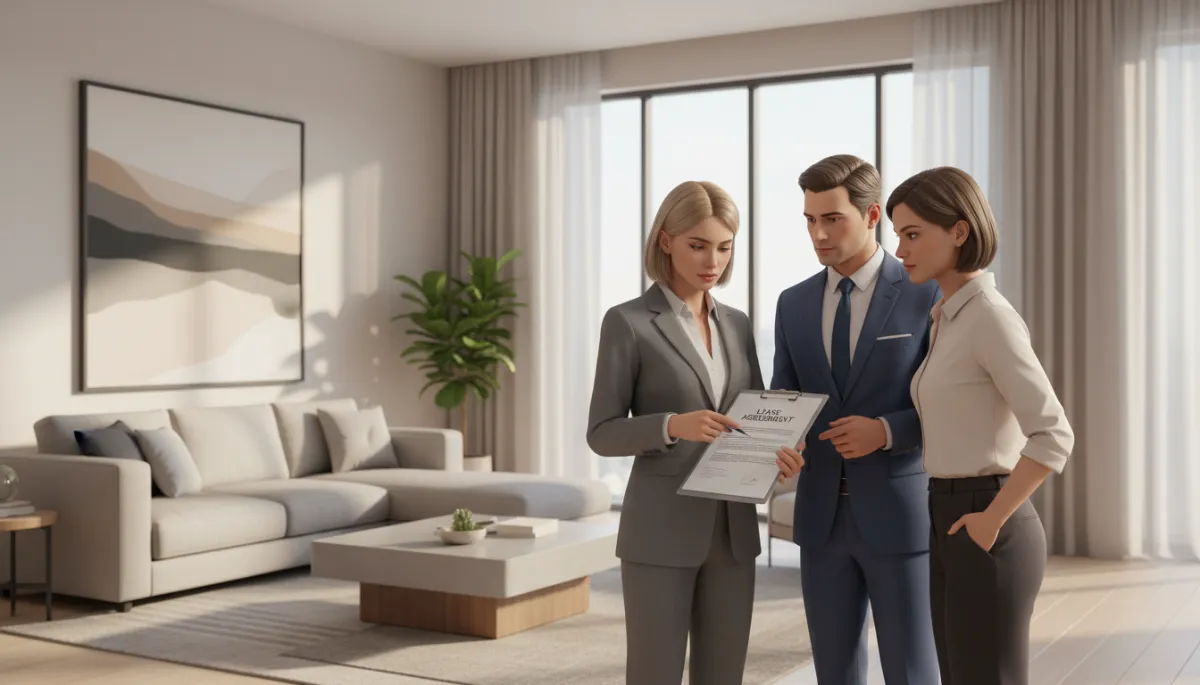 Real estate agent explaining lease terms to landlord and tenant
