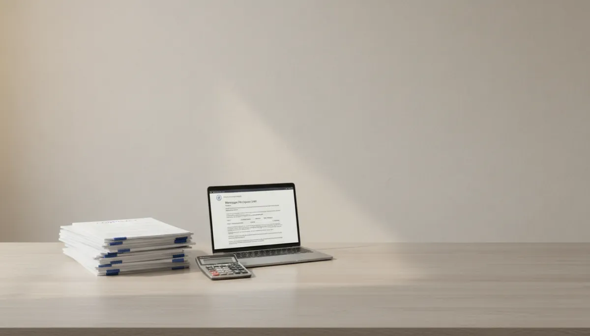 Organized real estate paperwork and mortgage pre-approval documents laid out on a neutral kitchen table Organized real estate paperwork and mortgage pre-approval documents laid out on a neutral kitchen table